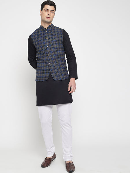Grey And Blue Checkered Nehru Jacket For Men 5