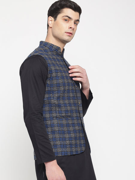 Grey And Blue Checkered Nehru Jacket For Men 6