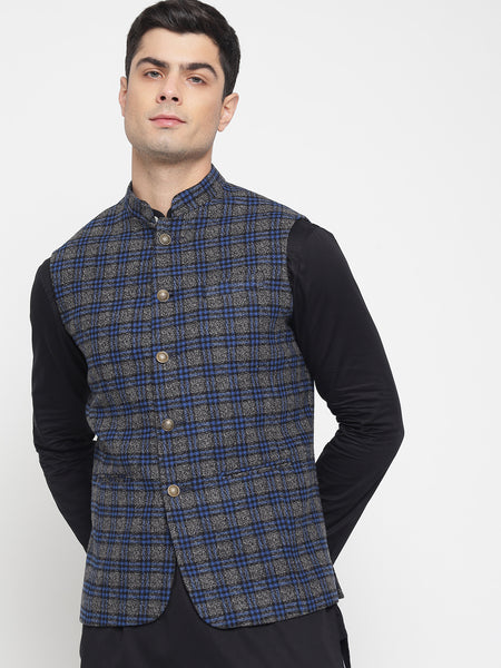 Grey And Blue Checkered Nehru Jacket