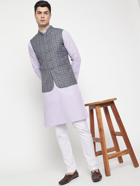 Grey And Purple Colour Checkered Nehru Jacket For Men 2