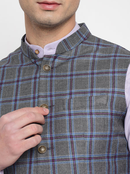 Grey And Purple Colour Checkered Nehru Jacket For Men 3