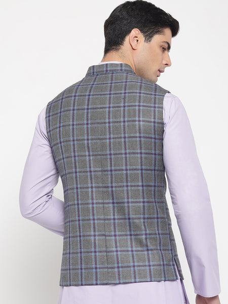 Grey And Purple Colour Checkered Nehru Jacket For Men 4