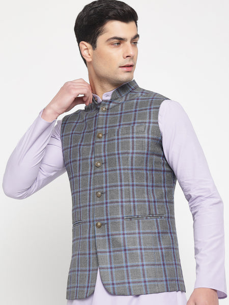 Grey And Purple Colour Checkered Nehru Jacket For Men