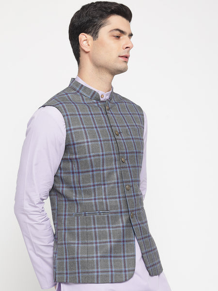 Grey And Purple Colour Checkered Nehru Jacket For Men 5