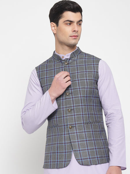 Grey And Purple Colour Checkered Nehru Jacket For Men 6
