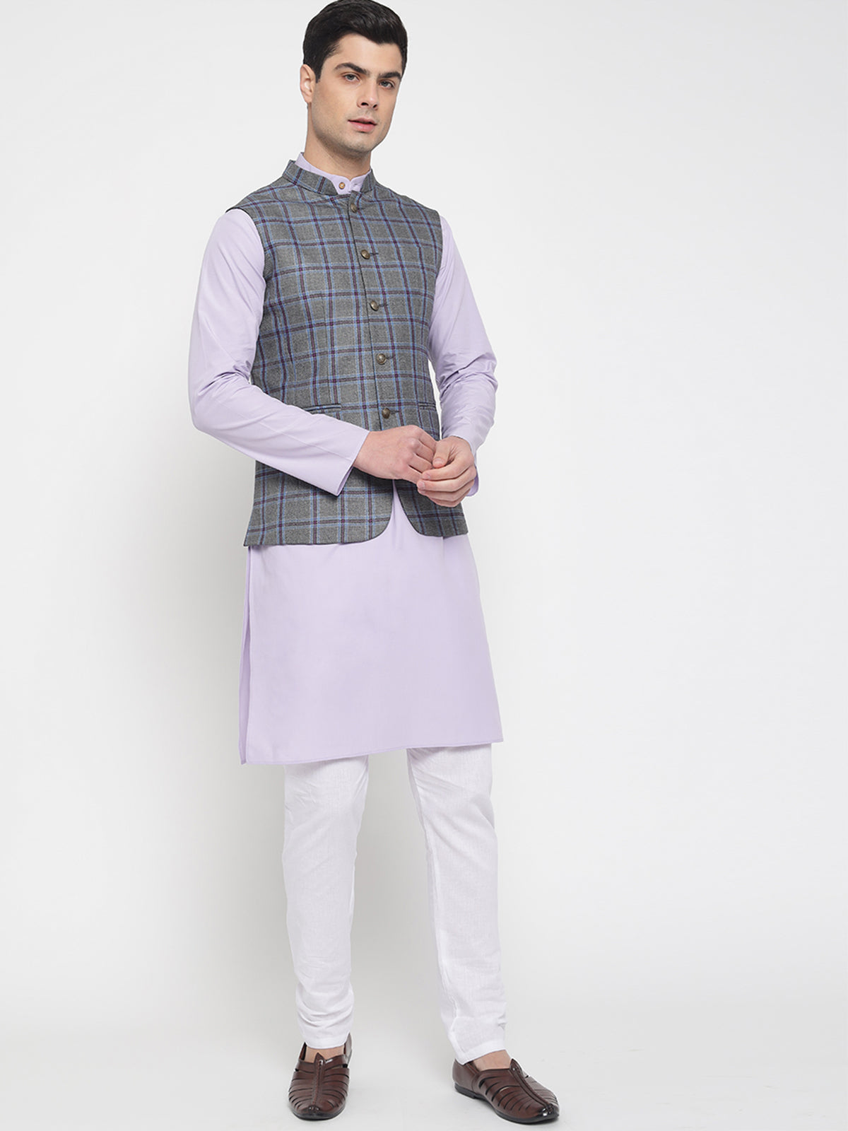 Grey And Purple Colour Checkered Nehru Jacket For Men 1