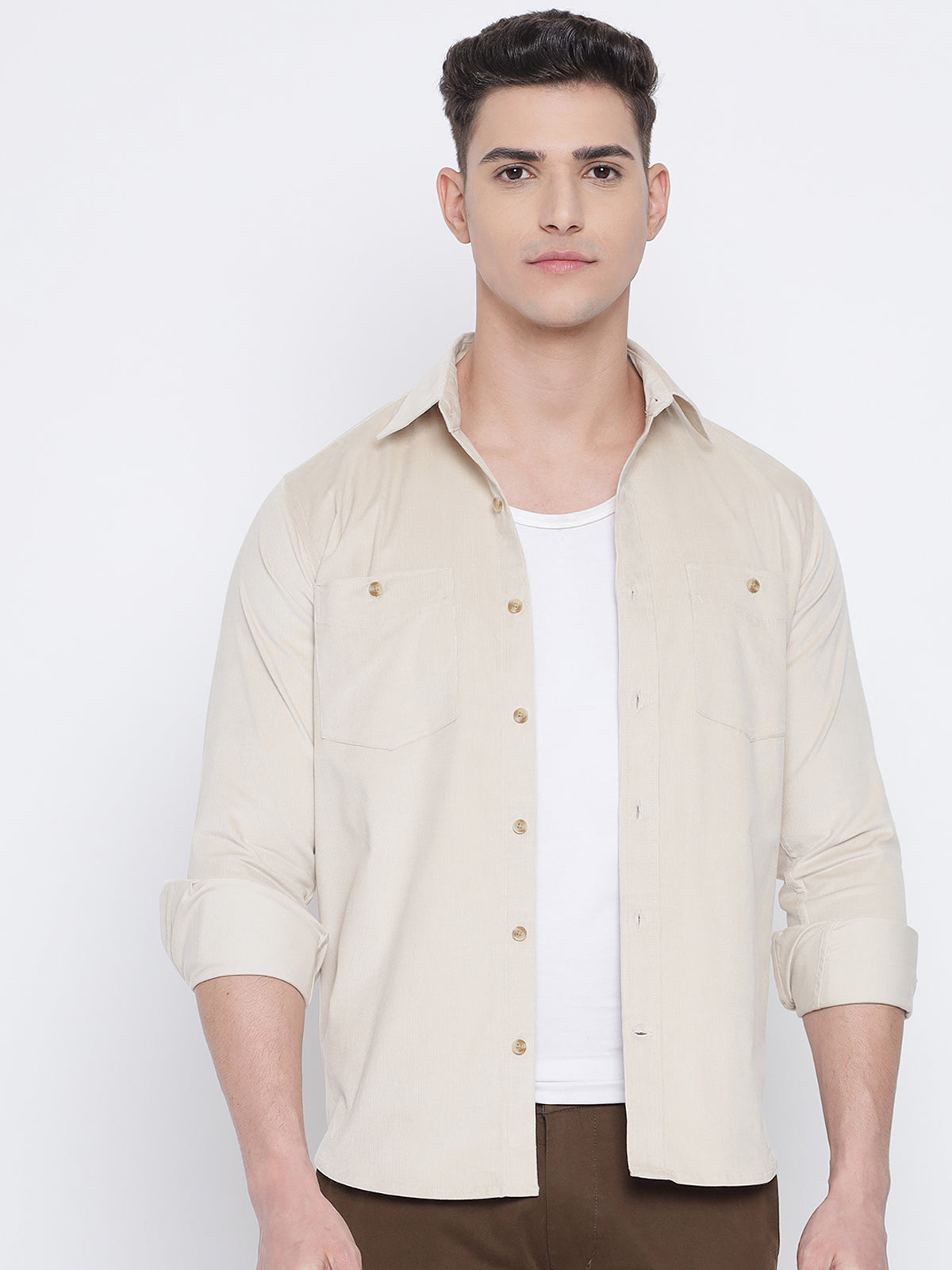 Milky White Coloured Pure Cotton Corduroy Shirt For Men