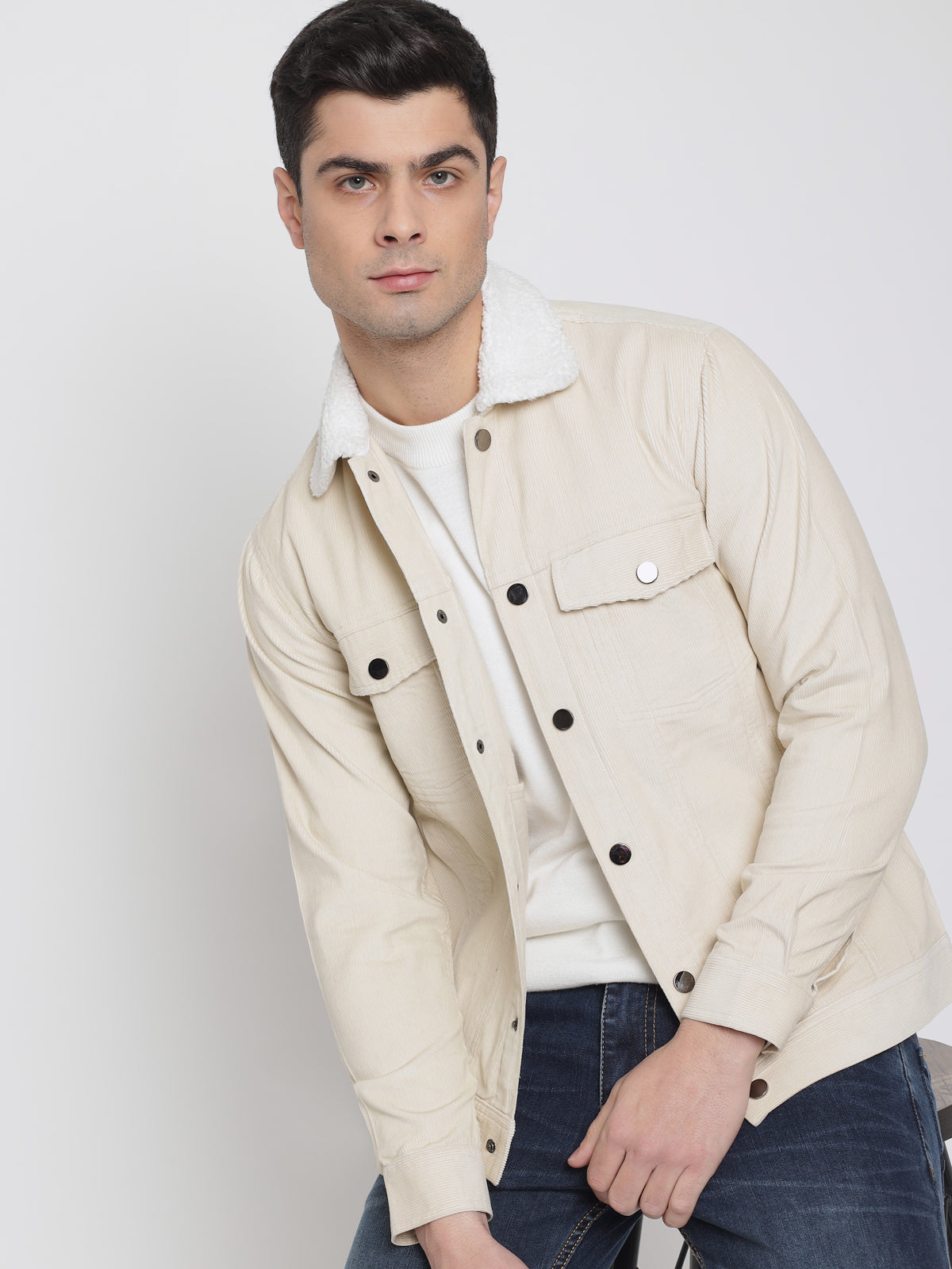 Milky White Corduroy Jacket For Men 7