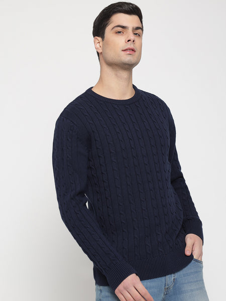Navy Blue Cable Knit Sweater For Men 1