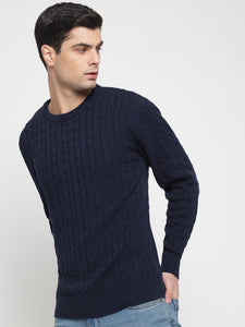 Navy Blue Cable Knit Sweater For Men