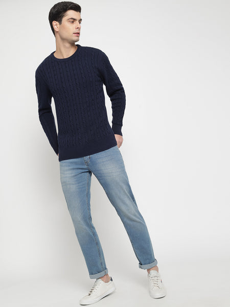 Navy Blue Cable Knit Sweater For Men 5