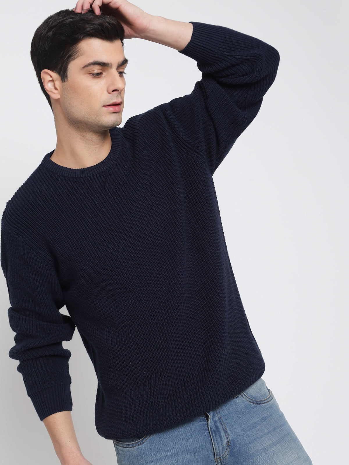 Navy Blue Purl Knit Sweater For Men 1