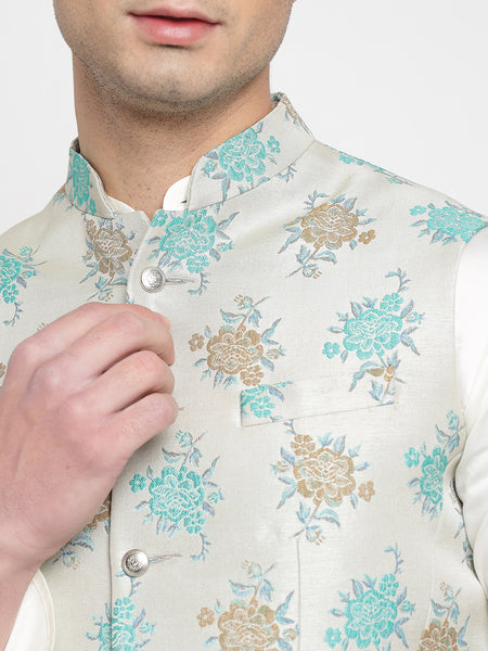 Off White Colour Motif Printed Nehru Jacket 1