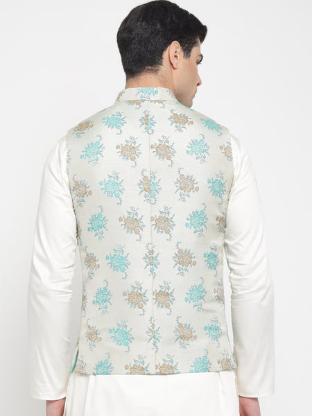 Off White Colour Motif Printed Nehru Jacket 2