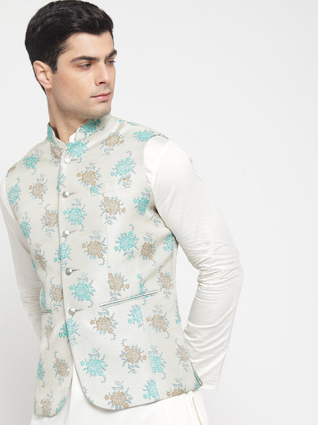 Off White Colour Motif Printed Nehru Jacket 3