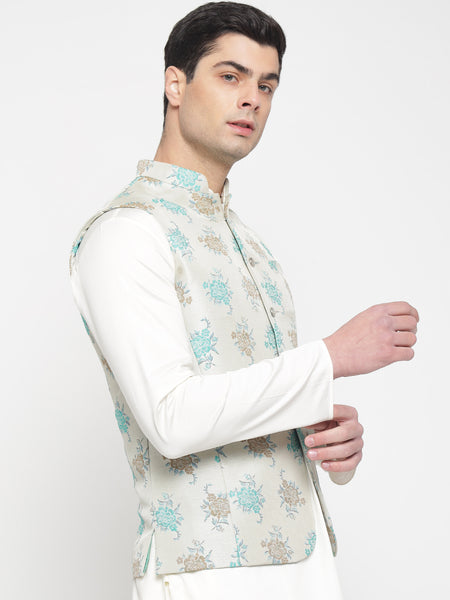 Off White Colour Motif Printed Nehru Jacket 4