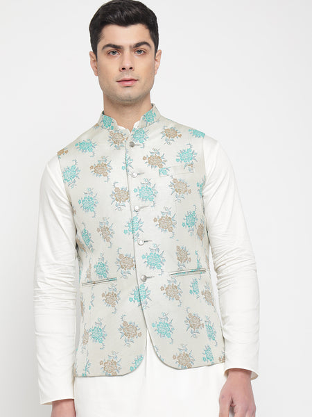 Off White Colour Motif Printed Nehru Jacket 5