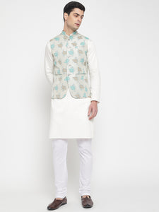 Off White Colour Motif Printed Nehru Jacket