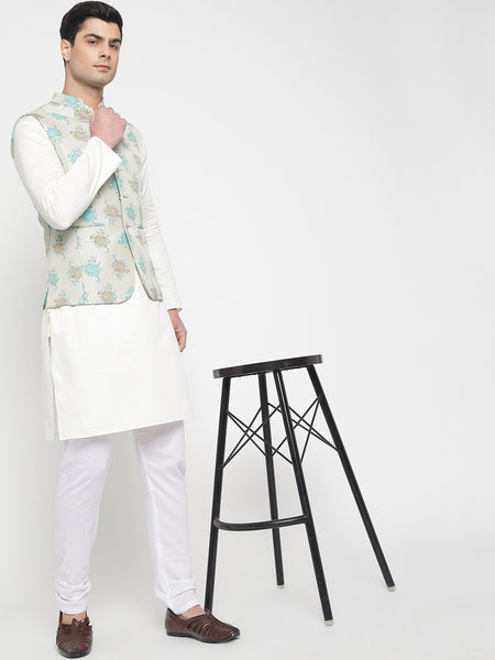 Off White Colour Motif Printed Nehru Jacket 6