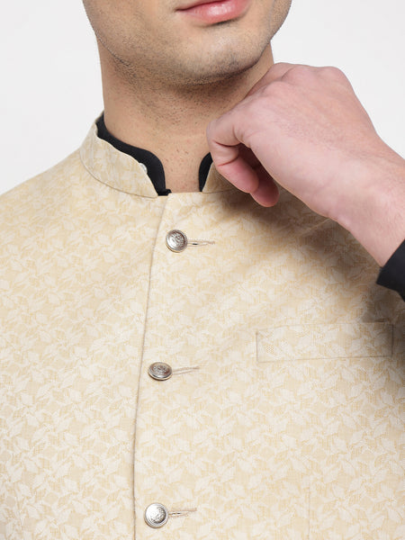 Off White Colour Self Design Nehru Jacket `
