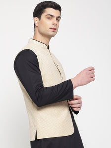 Off White Colour Self Design Nehru Jacket