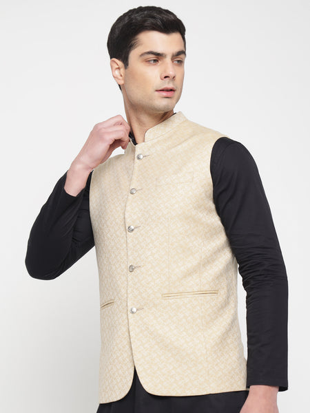 Off White Colour Self Design Nehru Jacket 2