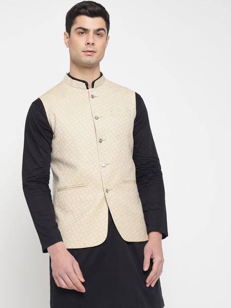 Off White Colour Self Design Nehru Jacket 3