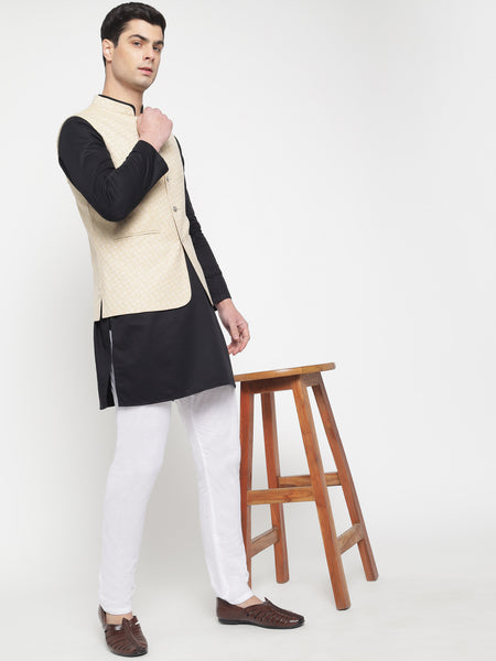 Off White Colour Self Design Nehru Jacket 5