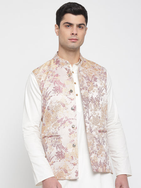 Pastel Pink Colour Floral Jacquard Nehru Jacket