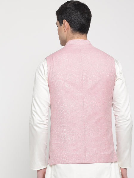 Pink Colour Paisley Jacquard Nehru Jacket 1