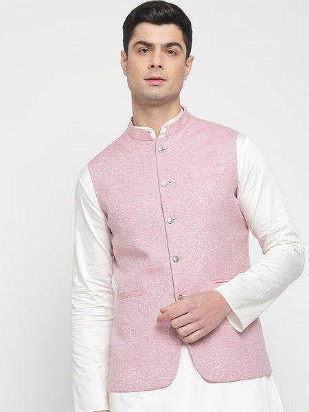 Pink Colour Paisley Jacquard Nehru Jacket 4