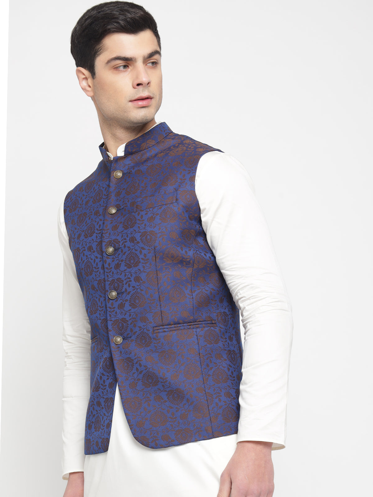 Purple Colour Motif Printed Nehru Jacket