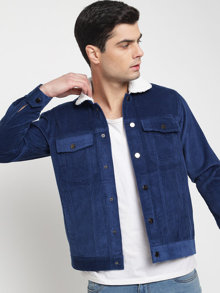 Blue corduroy jacket with fur collar sale