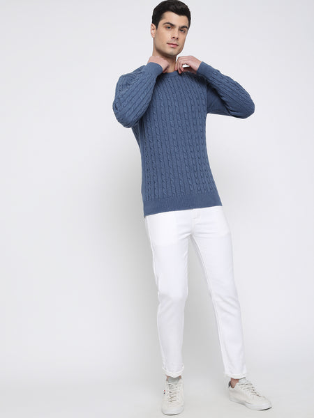 Steel Blue Cable Knit Sweater For Men 1