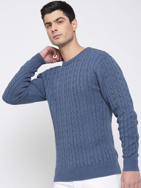 Steel Blue Cable Knit Sweater For Men 4