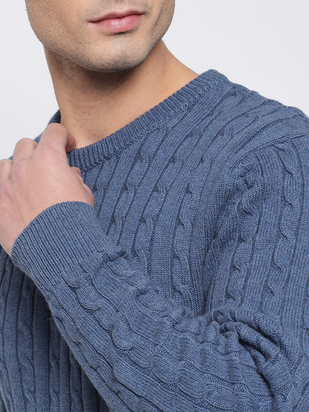 Steel Blue Cable Knit Sweater For Men 5