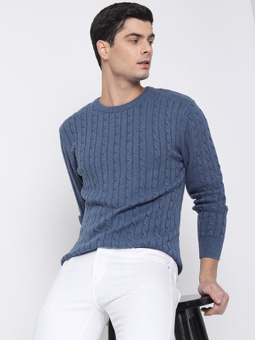 Steel Blue Cable Knit Sweater For Men