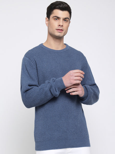 Steel Blue Purl Knit Sweater For Men