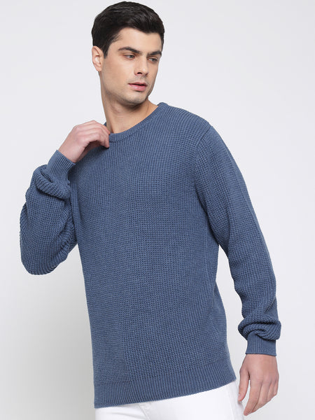 Steel Blue Purl Knit Sweater For Men 2