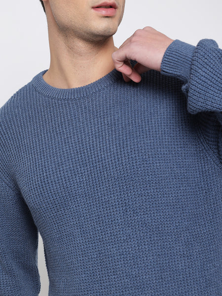 Steel Blue Purl Knit Sweater For Men 3