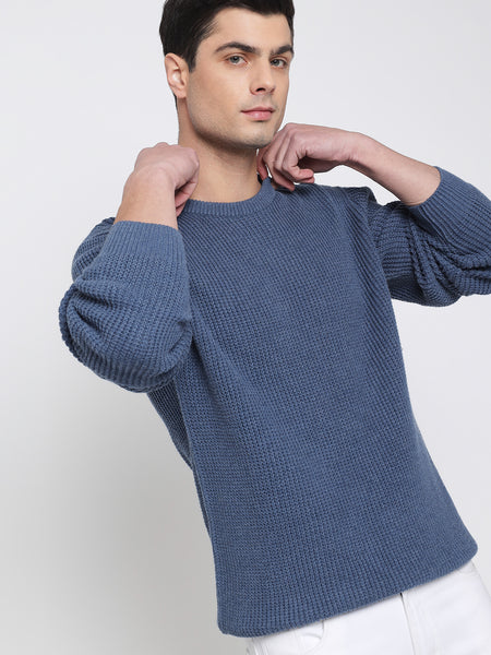 Steel Blue Purl Knit Sweater For Men 4